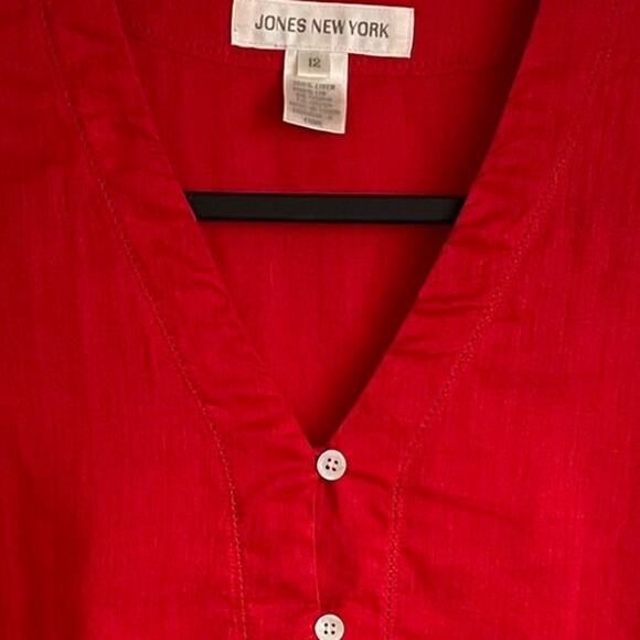 Jones New York 100% Linen Blouse Sz 12 Button Front Long Sleeves V-Neck Preppy - Picture 5 of 9